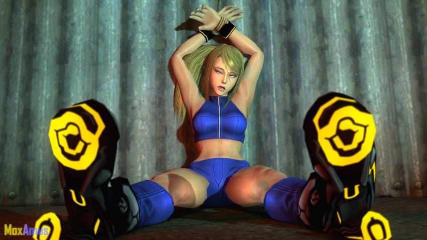 1girls 3d 3d_(artwork) bare_shoulders blonde_hair blue_eyes blue_sports_bra bodysuit bondage bound captured casual_outfit_(metroid) clothed clothing defeated defeated_heroine drugged empty_eyes feet female female_only femsub humiliation kidnapped knocked_out large_breasts legs light light-skinned_female light_skin long_hair lying metroid midriff moxamus nintendo passed_out restrained rope rope_bondage ryona samus_aran short_shorts shorts skin_tight skinsuit sleeping solo sports_bra tied_up unconscious video_games zero_suit_samus