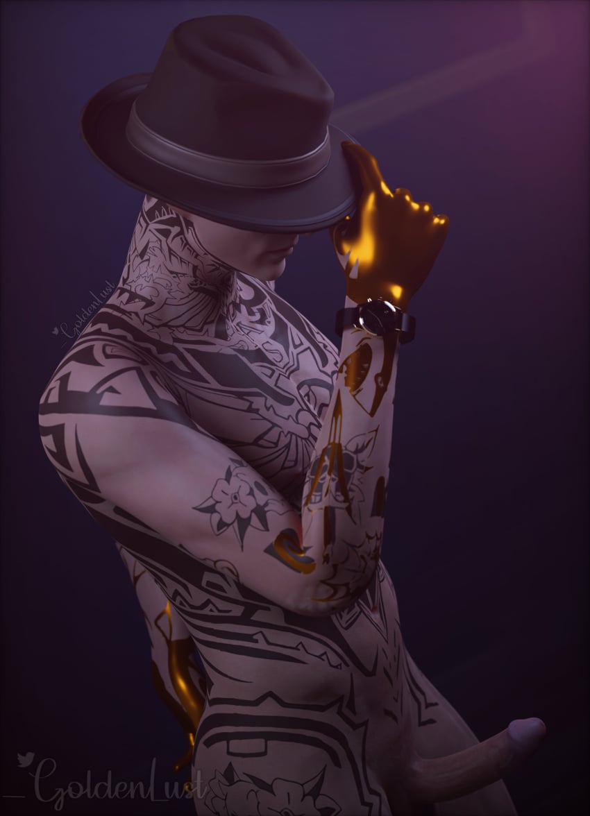 1boy 3d artistic_nude erection fedora fortnite gold_(metal) gold_hands goldenlust hat hat_only male male_only masculine midas_(fortnite) pale_skin posing solo solo_male tattoos watch x_redeyes