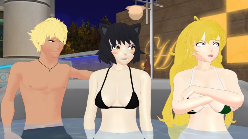 1boy 2girls black_hair black_hair_female blake_belladonna blonde_female blonde_hair cat_ears crossing_arms hot_tub long_hair long_hair_female purple_eyes rwby sun_wukong_(rwby) theblackbirdcalls yang_xiao_long yellow_eyes