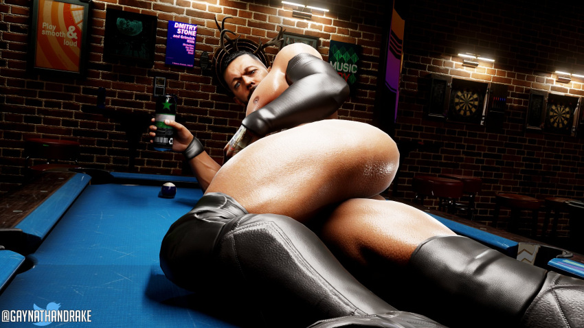 3d 3d_(artwork) 3d_model bearded beercan big_ass billiard_ball billiard_table billiards brown_hair bubble_ass bubble_butt caked_up cheeked_up finn_balor gaynathandrake green_eyes indoor_nudity indoors light-skinned_male light_skin muscles muscular muscular_male naked naked_male nude nude_male pawb solo solo_focus solo_male wwe