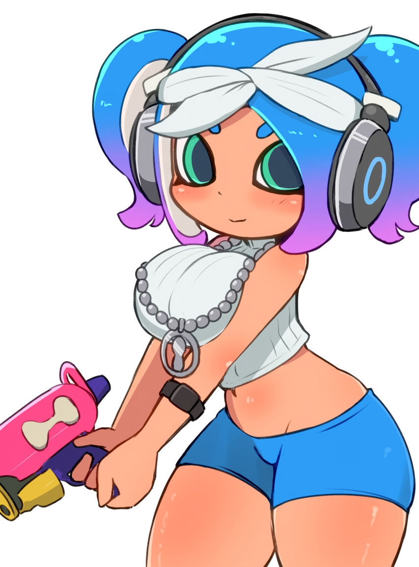 1girls bandana blue_hair breast_squish breasts chain_necklace commission crop_top green_eyes headphones holding_gun holding_object holding_weapon looking_at_viewer makino_nono midriff navel necklace nintendo octoling octoling_girl shorts smile smiling_at_viewer solo splatoon splatoon_(series) splatoon_3 splattershot sweater sweater_puppies thick_thighs thighs tight_clothing twintails weapon