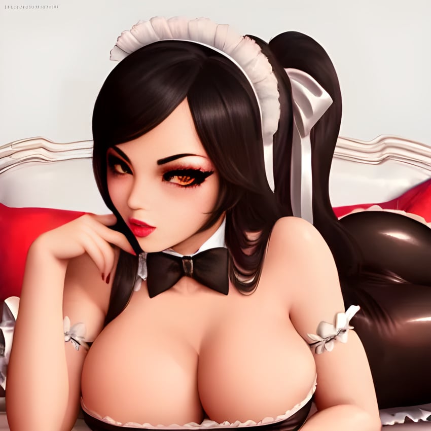 1girls ai_generated big_breasts black_hair black_hair_female breast_focus cleavage french_maid french_maid_nidalee hi_res high_res high_resolution highres large_breasts league_of_legends maid maid_headdress maid_uniform nidalee ponytail ponytail_female riot_games shaidenrogun solo solo_female solo_focus strapless strapless_top strapless_topwear the_grind_series tube_top yellow_eyes yellow_eyes_female