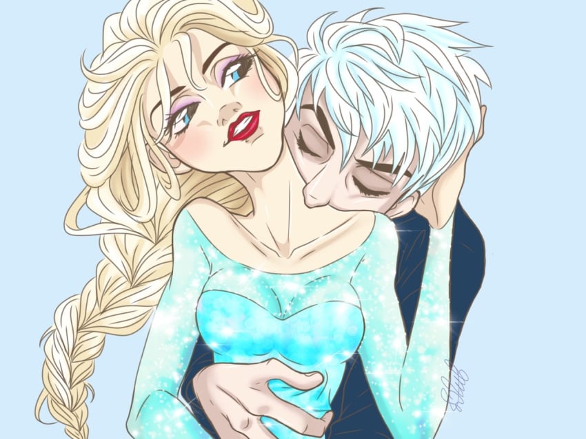 1boy 1girls blue_eyes braided_hair crossover crossover_pairing disney dreamworks elsa elsa_(frozen) female frozen_(film) hugging_from_behind jack_frost jack_frost_(rise_of_the_guardians) jelsa kissing_neck lipstick long_hair male male/female mars_mayhem neck_kiss paramount_pictures red_lipstick rise_of_the_guardians romantic straight