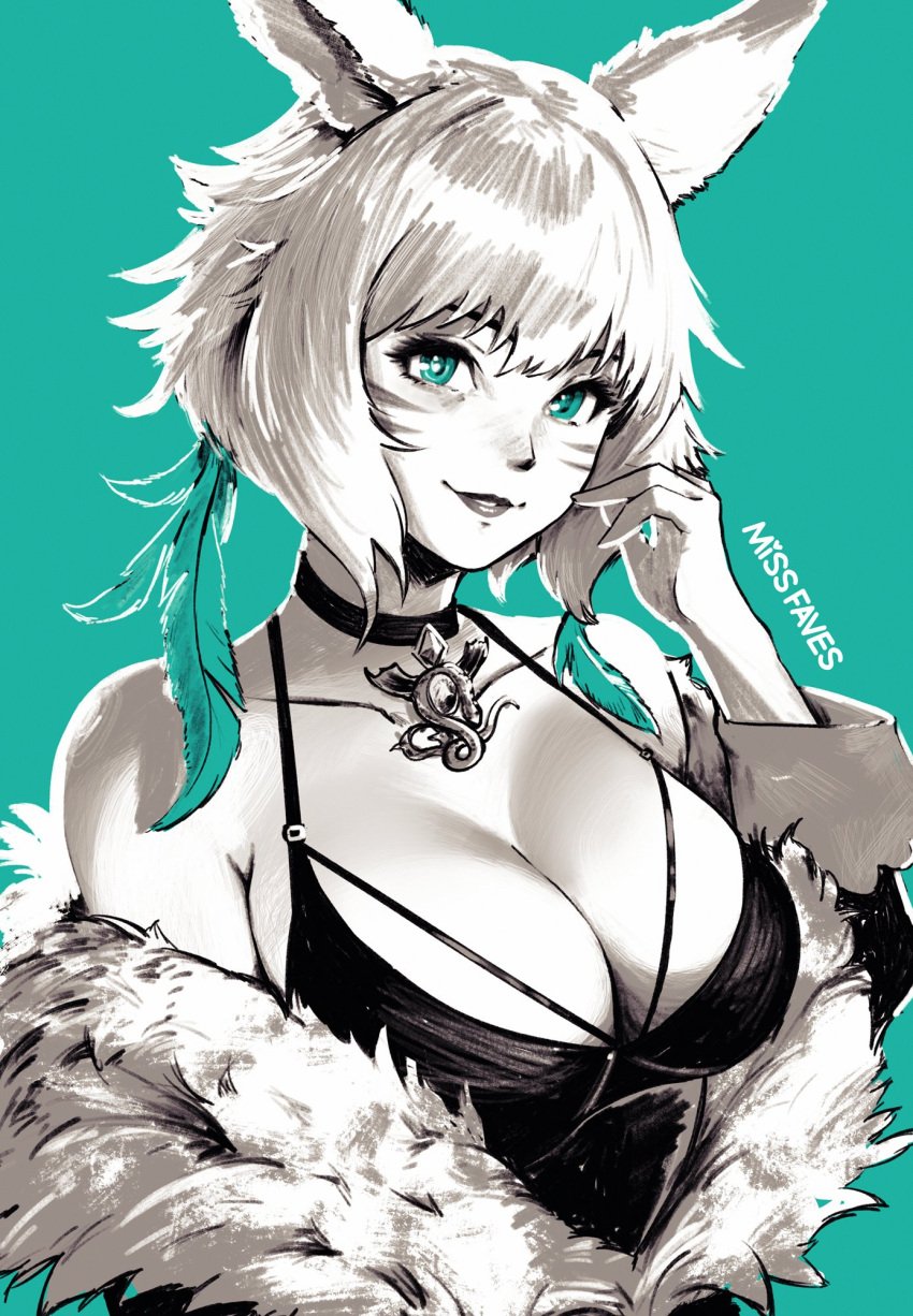 animal_ears aqua_background aqua_eyes artist_name breasts cat_ears choker cleavage commentary english_commentary female final_fantasy final_fantasy_xiv fur_trim highres jewelry miqo'te missfaves monochrome short_hair solo spot_color upper_body wide_sleeves y'shtola y'shtola_rhul