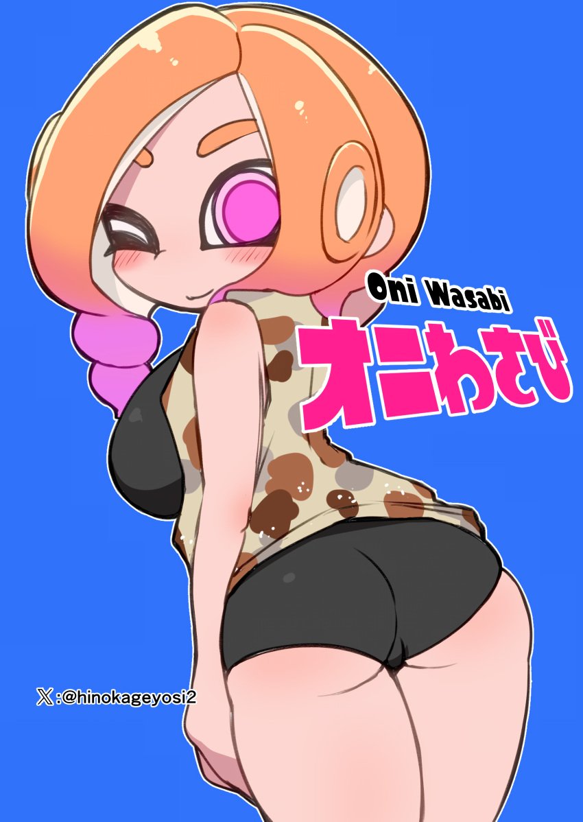 1girls artist_signature ass ass_cleavage back_view blue_background blush booty_shorts bra breasts character_name highres large_breasts light_skin looking_at_viewer makino_nono nintendo octoling octoling_girl oni_wasabi_(makino_nono) orange_hair original_character pink_eyes presenting shorts sideboob simple_background solo splatoon splatoon_(series) sports_bra sportswear text thick_thighs thighs tight_clothing wink winking_at_viewer