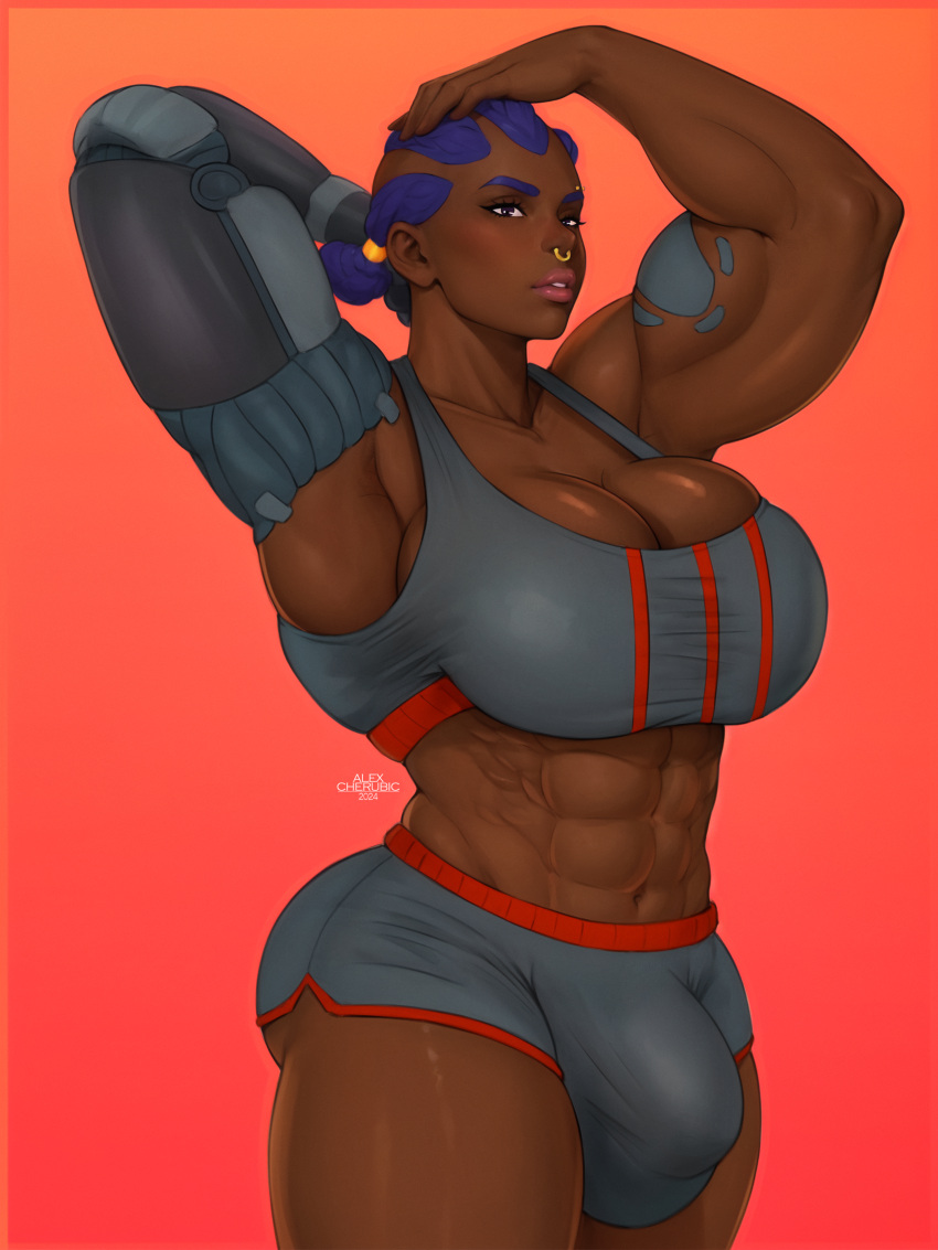 1futa abs alexcherubic arms_up balls biceps big_breasts big_penis black_body breasts bulge bursting_breasts cleavage clothed clothing commission cybernetic_arm dark-skinned_futanari dark_skin flaccid fully_clothed futa_only futanari human lips muscles muscular muscular_futanari penis piercing purple_hair solo sportswear standing tattoo thick_thighs