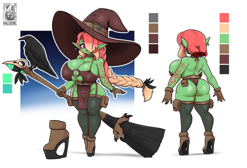 1girl 1girls 2020s 2024 2d 2d_(artwork) :d ass_focus big_breasts big_hair big_thighs blonde_hair braided_hair breasts brown_gloves cleavage crows earrings female female_focus female_only gloves goblin goblin_(lapinnoitaa) goblin_female green_body green_skin haloowl heart hearts_around_head hi_res high_heels highres hips huge_breasts large_breasts large_thighs loincloth multicolored_hair original original_character pouch pouches purple_eyes red_hair reference_sheet skimpy smile smiling solo solo_female solo_focus thick_thighs thighhighs thighs wedge_heels wide_hips witch witch_hat