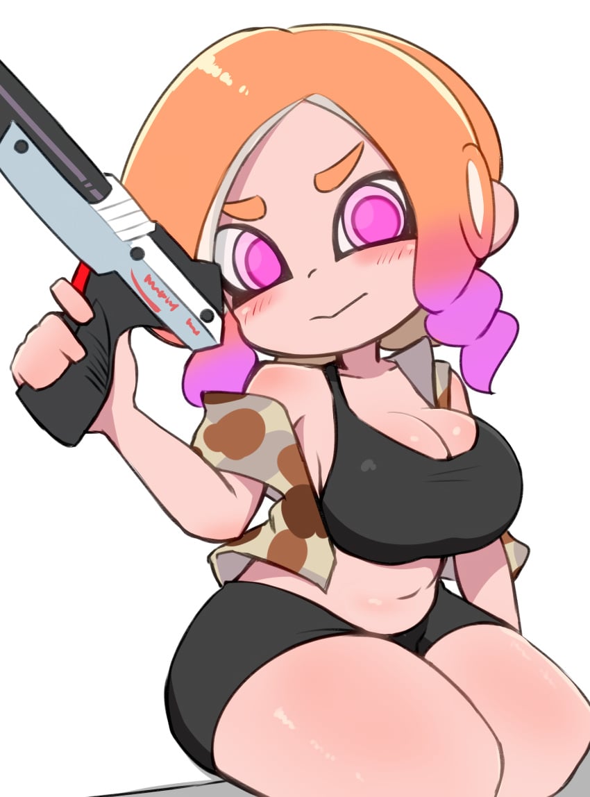 1girls big_breasts blush bra breasts camouflage cleavage gun holding_object holding_weapon jacket light_skin looking_at_viewer makino_nono navel nes_zapper nintendo octoling octoling_girl oni_wasabi_(makino_nono) orange_hair original_character pink_eyes shorts simple_background solo splatoon splatoon_(series) sports_bra sportswear thick_thighs thighs