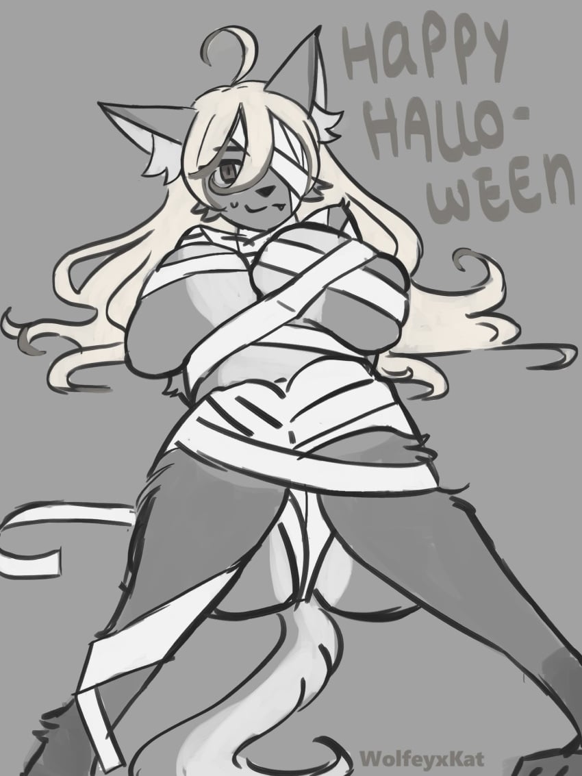 furry grey_fur halloween halloween_costume long_hair mummified mummy mummy_wrappings nervous_sweat suggestive wolfeyxkat wrapped