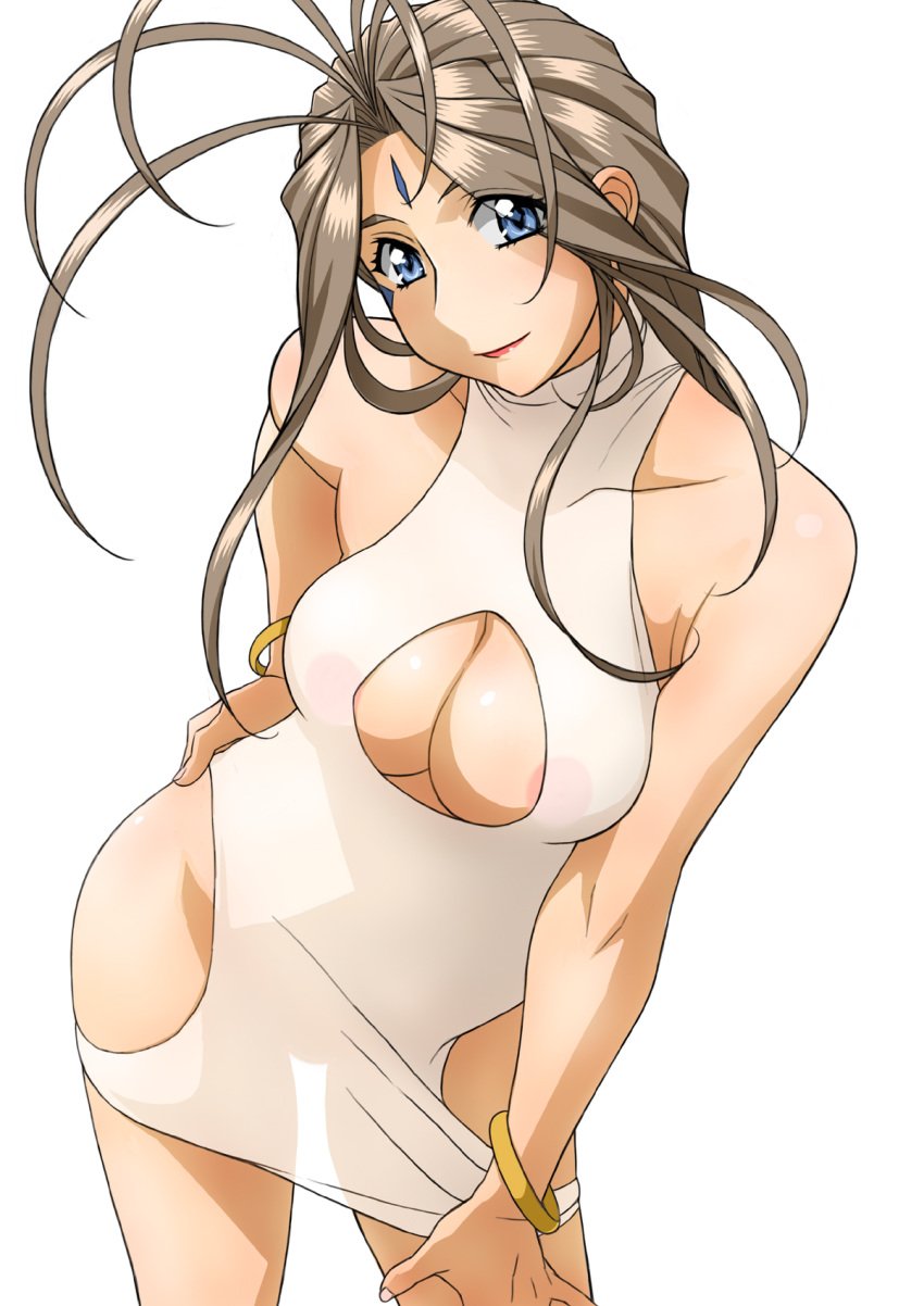 1girls areolae belldandy blue_eyes bracelet breasts brown_hair cleavage cleavage_cutout clothing dress earrings facial_mark female forehead_mark highres jewelry joy_division konkitto large_breasts long_hair medium_breasts oh_my_goddess! see-through see-through_clothing simple_background solo thigh_gap