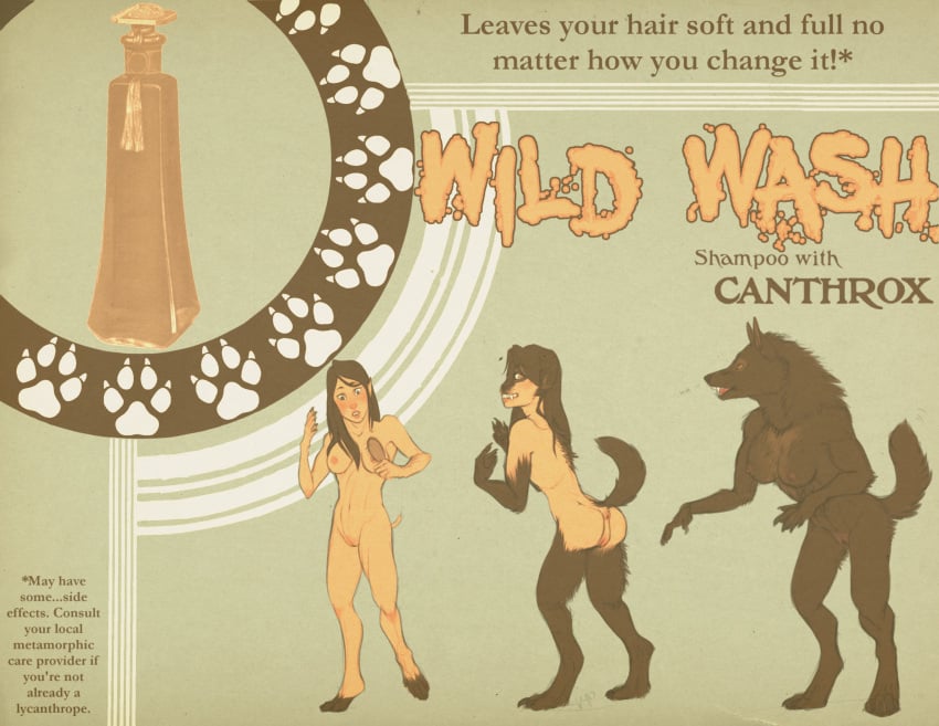 absurd_res advertisement anthro anus ass blush breasts brown_body brown_fur brown_hair canid canine canis digital_media_(artwork) digitigrade english_text female fur genitals growth hair hi_res holding_object human human_to_anthro long_hair mammal nipples nude open_mouth parody pussy satire sequence shampoo_bottle sindaj solo species_transformation surprise tail tail_growth text transformation transformation_sequence under_boob wolf