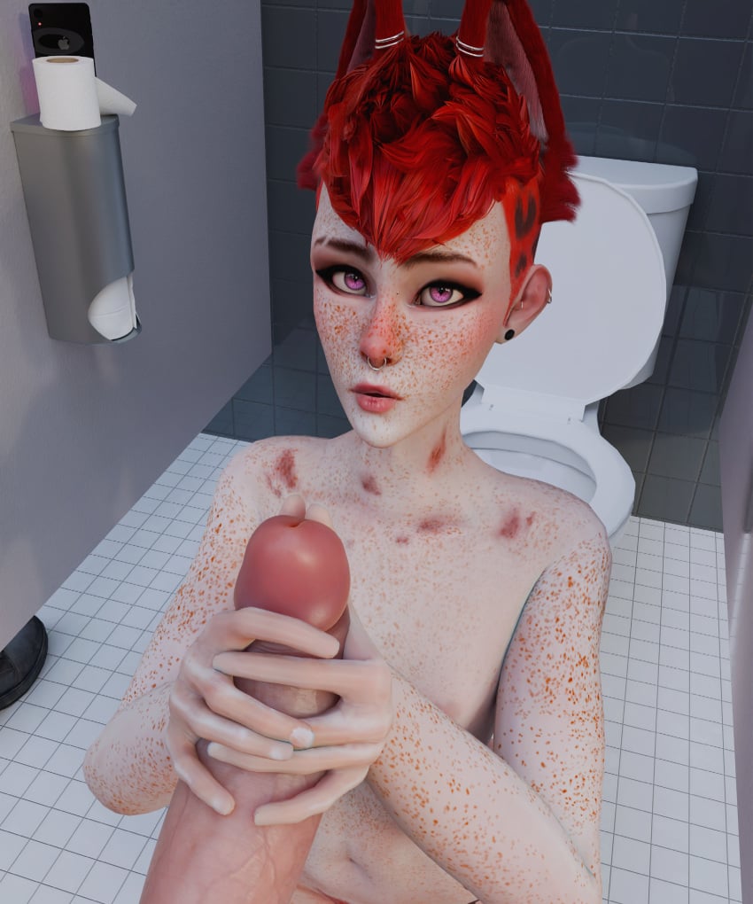 3d 3d_(artwork) aldtecaia big_penis blender blender_cycles both_hands_on_cock doe_eyes fauxhawk fox_ears fox_girl fox_humanoid freckles noxxyboy oc pink_eyes pink_fur pink_hair public public_restroom red_eyes red_fur red_hair succubus tomboy tomboytoy tulpa wide_eyed