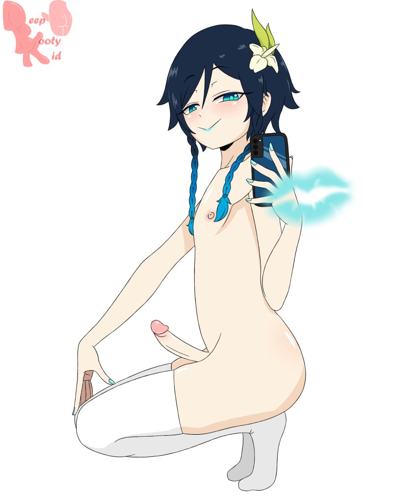 1boy blue_lipstick blue_lipstick_mark colored_nails deepbootykid erect_penis femboy flower_in_hair genshin_impact kiss_mark male male_only nipples penis phone selfie smug_grin solo squatting thighhighs twin_braids venti_(genshin_impact) yaoi