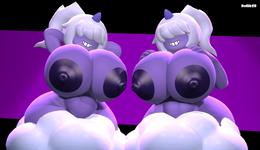 2girls 3d 3d_(artwork) areolae ass big_areola big_ass big_breasts big_nipples big_thighs breasts dazzi_(pal) female female_only gigantic_ass gigantic_breasts gigantic_thighs hands_behind_head hidden huge_areolae huge_ass huge_breasts huge_nipples huge_thighs nipples pal_(species) palworld ponytail purple_body raijin_daughter relliksb smile smiling tagme thick_hips thick_thighs thighs white_hair