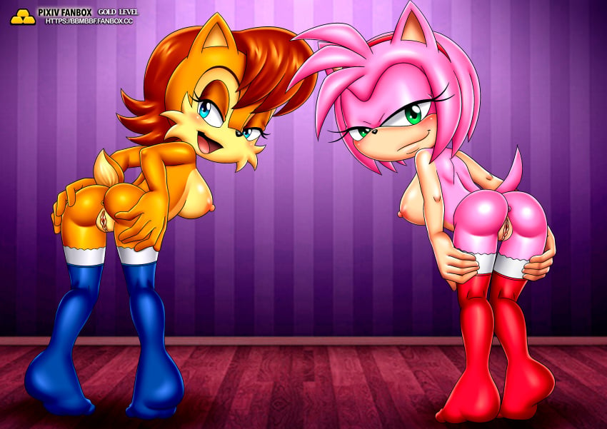 2girls amy_rose anthro anus ass bbmbbf blush breasts female female_only gold_level looking_at_viewer mobius_unleashed multiple_girls nude open_mouth palcomix pietros_secret_club pussy sally_acorn sega sonic_(series) sonic_the_hedgehog_(series) stockings tongue