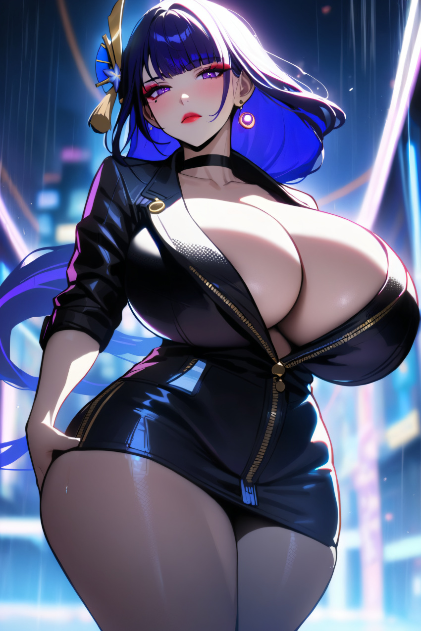 1girls ai_generated alternate_breast_size black_choker blurry_background choker cinematic cleavage closed_mouth collarbone cyberpunk earrings genshin_impact gigantic_breasts gradient_hair huge_breasts jacket jewelry lipstick looking_at_viewer makeup mihoyo narrow_waist night_sky raiden_shogun rain solo thick_thighs video_games wide_hips xenomon