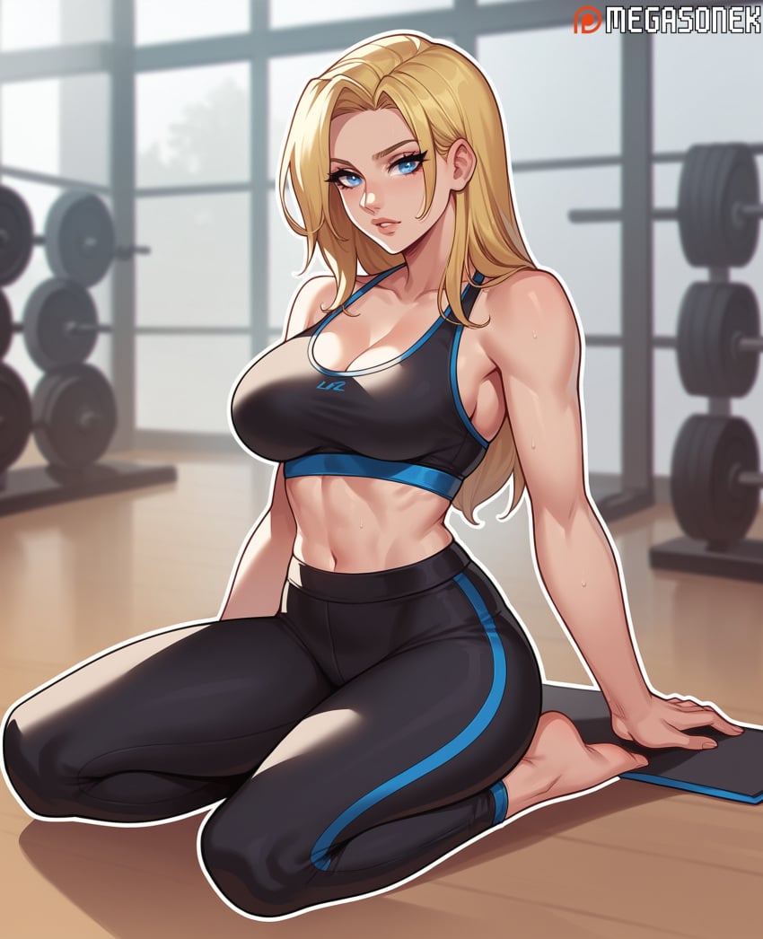 abs ai_generated bare_shoulders barefoot black_pants black_sports_bra blonde_hair blue_eyes breasts cleavage collarbone dumbbell exercise female full_body gym high-waist_pants indoors large_breasts league_of_legends league_of_legends:_wild_rift long_hair looking_at_viewer luxanna_crownguard megasonek midriff muscular muscular_female navel pants parted_lips patreon_username riot_games seiza sitting solo sports_bra sweat thighs toned watermark yoga_pants