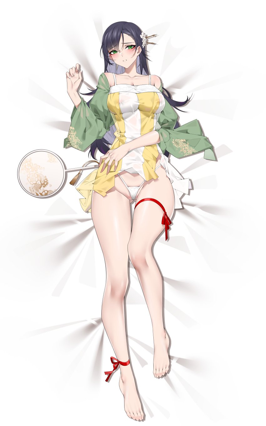 1girls arizona_(azur_lane) arizona_(meta) azur_lane big_breasts black_hair blush breasts clothed clothed_female green_eyes long_hair long_legs looking_at_viewer nipples nipples_visible_through_clothing on_back on_bed pale-skinned_female pale_skin panties ribbons smile solo solo_female solo_focus string_panties thick_thighs wsfw