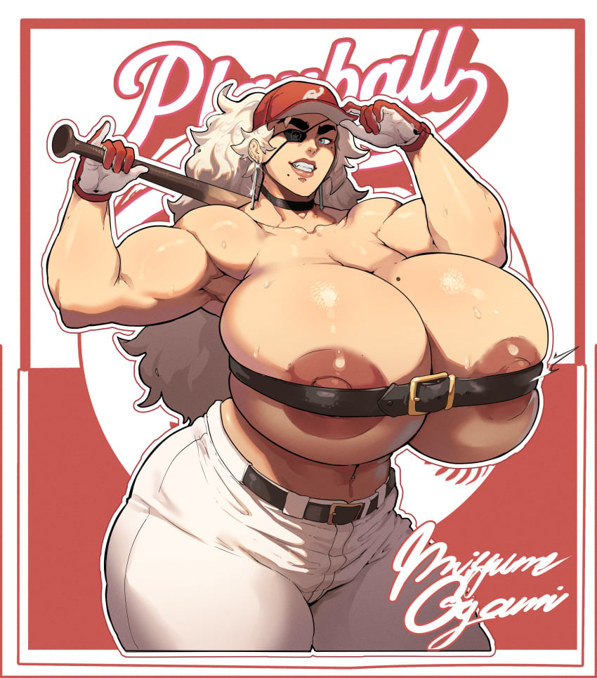 1girls baseball_bat baseball_cap baseball_uniform belt_bra blonde_hair breasts donaught eyepatch female hi_res huge_breasts light-skinned_female light_skin long_hair massive_breasts mature_female miffu milf muscular muscular_female nipples original original_character pants thick_thighs useless_clothing voluptuous wide_hips