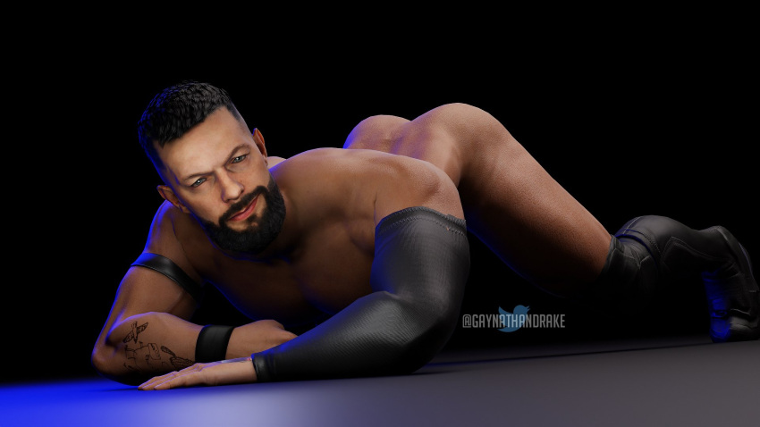 3d 3d_(artwork) 3d_model bearded big_ass black_background brown_hair finn_balor gaynathandrake green_eyes light-skinned_male light_skin muscles muscular muscular_male naked naked_male nude nude_male on_the_ground solo solo_focus solo_male wwe