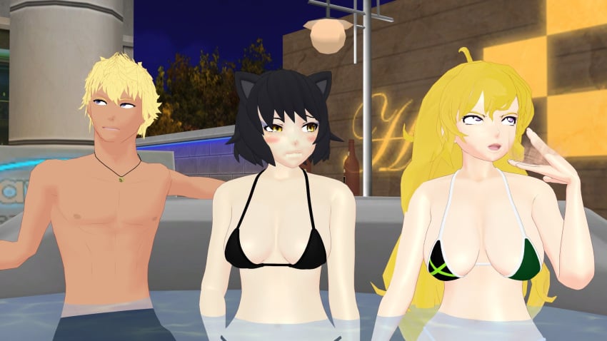 1boy 2girls bikini bikini_bottom blake_belladonna blonde_female blonde_hair fanning_self hot_tub long_hair long_hair_female purple_eyes rwby sun_wukong_(rwby) theblackbirdcalls yang_xiao_long yellow_eyes