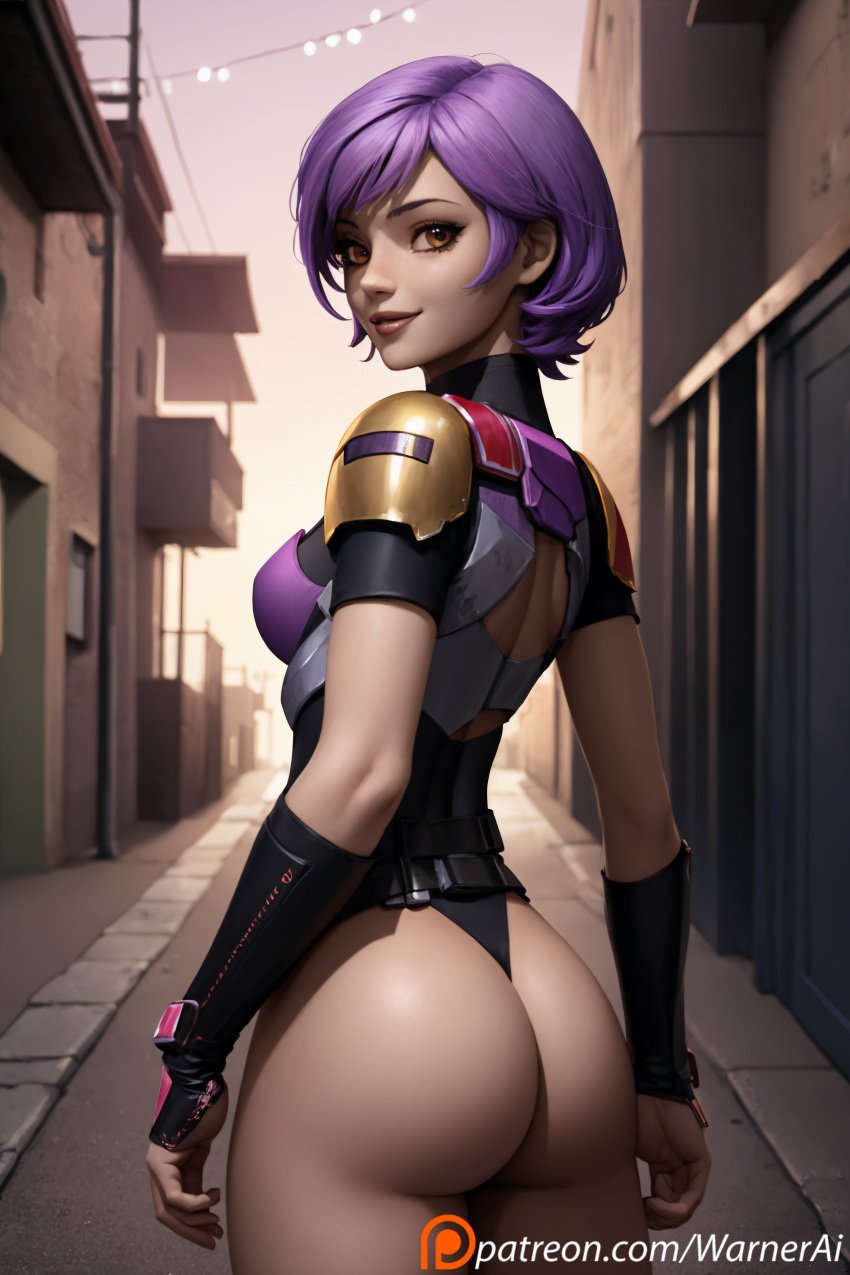 1girls ai_generated ass bare_ass belt bodysuit city female female_only hair happy human human_only lips looking_back mandalorian mandalorian_armor outside patreon public purple_hair rear_view sabine_wren short_hair short_hair_female smile solo standing star_wars star_wars_rebels street url warnerai watermark