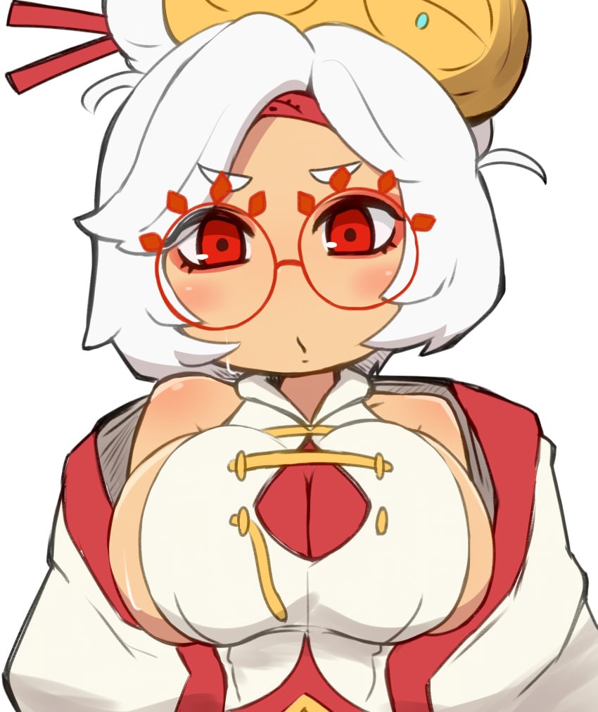 1girls bare_shoulders big_breasts blush breasts cleavage clothed glasses looking_at_viewer makino_nono nintendo purah purah_(tears_of_the_kingdom) red_eyes solo tears_of_the_kingdom the_legend_of_zelda the_legend_of_zelda:_tears_of_the_kingdom white_hair