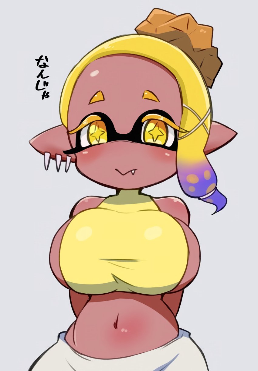 1girls :> bare_shoulders blush breasts chibi_style cute_fang frye_(splatoon) hi_res large_breasts looking_at_viewer makino_nono midriff navel nintendo pants sideboob simple_background smile smiling_at_viewer solo splatoon splatoon_(series) splatoon_3 yellow_eyes yellow_hair