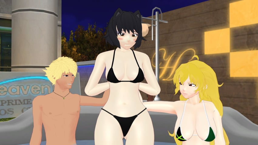 1boy 2girls bikini bikini_bottom bikini_top black_hair black_hair_female blake_belladonna blonde_female blonde_hair cat_ears high_five purple_eyes rwby sun_wukong_(rwby) theblackbirdcalls untied_bikini yang_xiao_long yellow_eyes