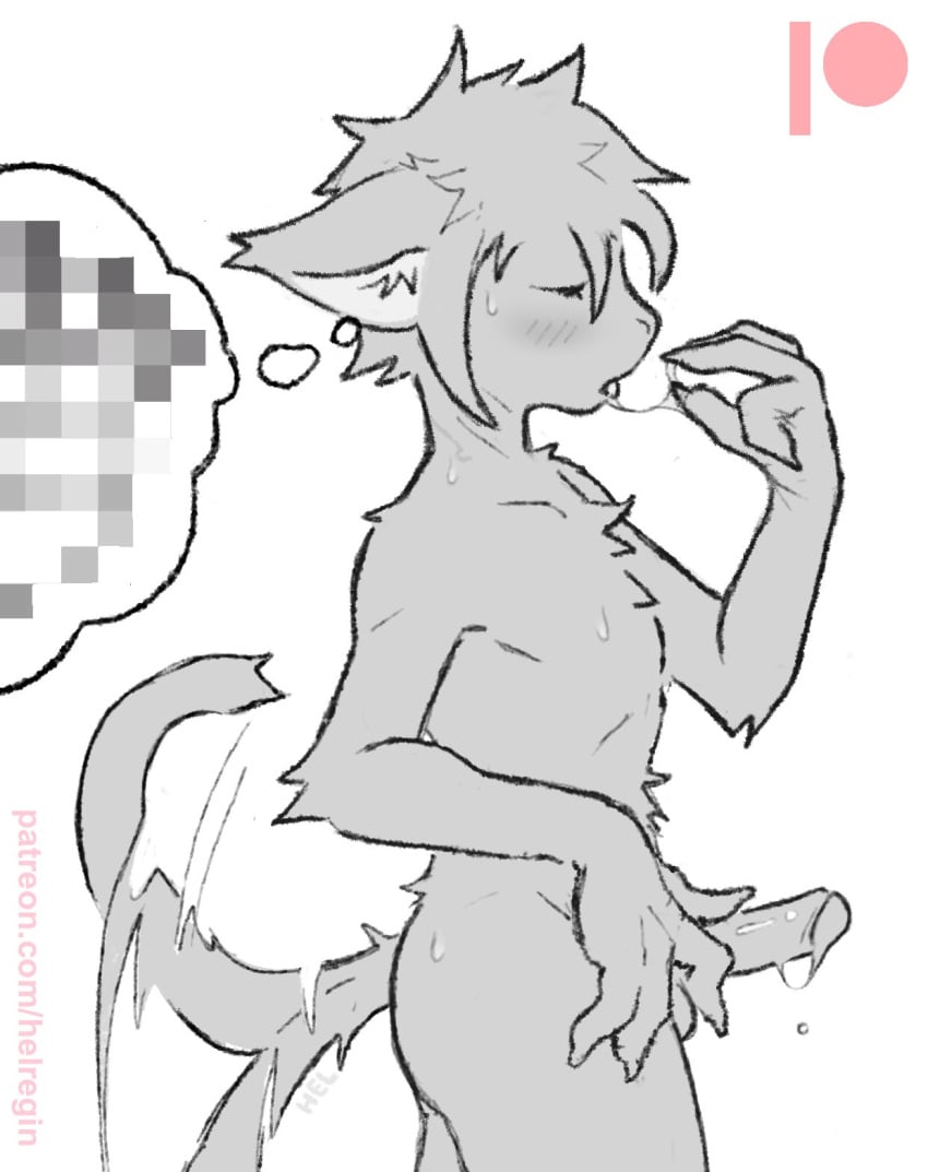 anthro basitin blur_censorship blush bodily_fluids censored genital_fluids genitals helregin hi_res keith_keiser male mammal masturbation monochrome patreon patreon_logo penis precum self_taste solo tail tail_motion tailwag text twokinds url webcomic