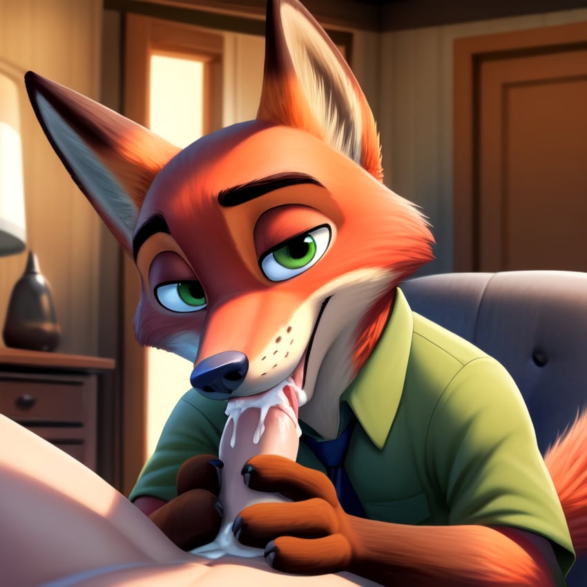 ai_generated cum cum_in_mouth fox frosting.ai gay green_eyes human humanoid_genitalia humanoid_penis interspecies looking_at_viewer nick_wilde oral oral_sex trueliamay zootopia