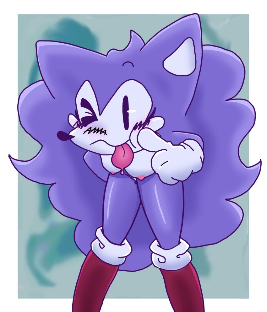 blush hand_behind_back knee_boots long_hair looking_at_viewer poking_cheek posing purple_hair simple_background sonic.exe_(series) sticking_out_tongue thick_thighs wacky_(sonic.exe) winking_at_viewer