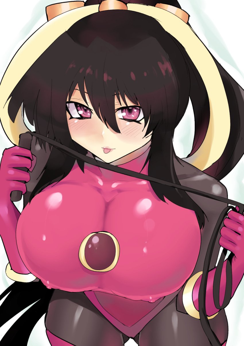 akeno_himejima alternate_costume blush cosplay high_school_dxd huge_breasts mega_man mega_man_battle_network nipple_bulge rice_grg roll.exe whip