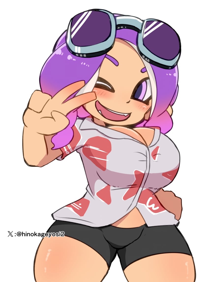 1girls artist_signature breasts cleavage goggles hourglass_figure large_breasts light_skin looking_at_viewer makino_nono nintendo octoling octoling_girl peace_sign pink_eyes purple_hair shirt shorts smile solo splatoon splatoon_(series) teeth thick_thighs thighs wink winking_at_viewer