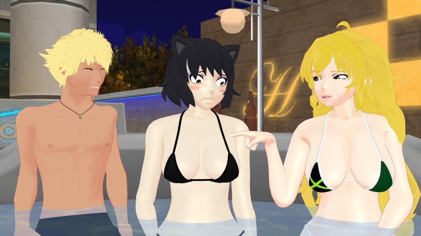 1boy 2girls bikini bikini_top black_hair black_hair_female blake_belladonna blonde_female blonde_hair cat_ears hot_tub pointing_at_breasts purple_eyes rwby sun_wukong_(rwby) theblackbirdcalls yang_xiao_long yellow_eyes