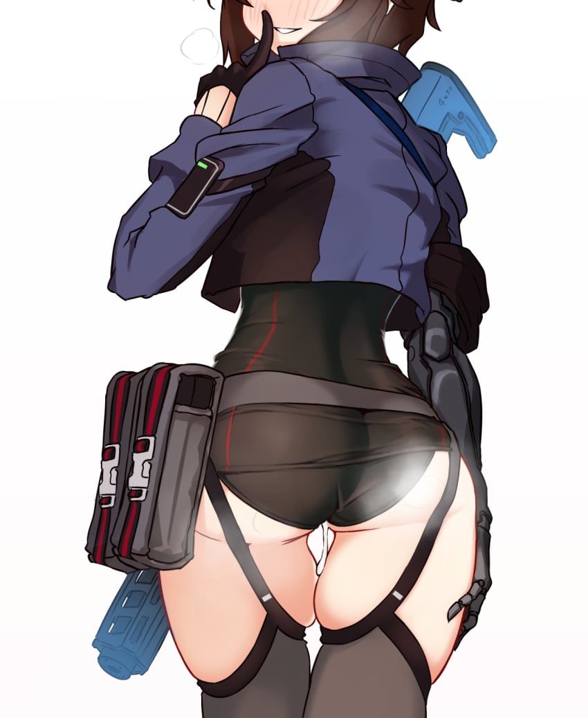 ass black_gloves black_legwear black_leotard blue_jacket blush breath cropped_jacket cum cumdrip female from_behind garter_straps girls'_frontline gloves gun head_out_of_frame head_tilt highres index_finger_raised jacket leotard long_sleeves nose_blush parted_lips pouch prosthesis prosthetic_arm sate simple_background solo steam suggestive_fluid thighhighs type_79_(girls'_frontline) underbutt weapon white_background