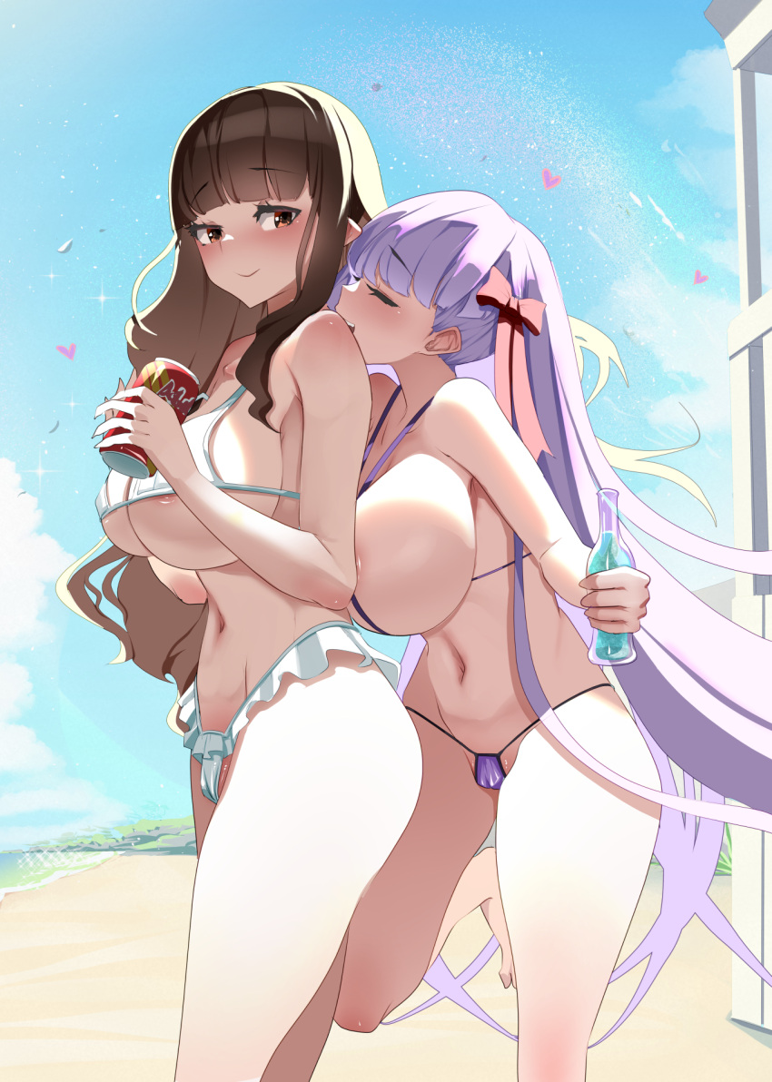 2022 2girls bb_(fate) beach bikini breasts brown_hair fate/extra_ccc fate/grand_order fate_(series) female female_only hakuno_kishinami hakunon_(female) height_difference hips huge_breasts long_hair massive_breasts monobe monobe_yuri original outdoors purple_eyes purple_hair ribbon ribbon_in_hair slim_waist thick_thighs thighs white_bikini wide_hips yuri