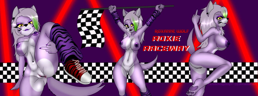 2d 2d_(artwork) 2d_artwork animatronic anthro big_breasts breasts checkered_flag five_nights_at_freddy's five_nights_at_freddy's:_security_breach fnaf green_hair leg_warmers lifting_leg presenting presenting_pussy robot roxanne_wolf_(fnaf) scottgames shoes steel_wool_studios tagme tsundere wolf wolf_ears zachthehedgehog97-2