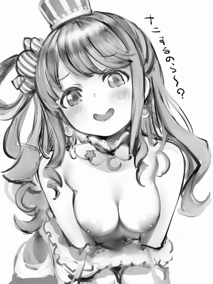 :d ? bare_shoulders blush breast_squeeze breasts catchphrase crescent crescent_earrings crown dress earrings female greyscale head_tilt highres himemori_luna holoforce hololive hololive_japan jewelry medium_breasts mini_crown monochrome nanashi_(nlo) nipples one_side_up open_mouth simple_background smile solo topless virtual_youtuber white_background