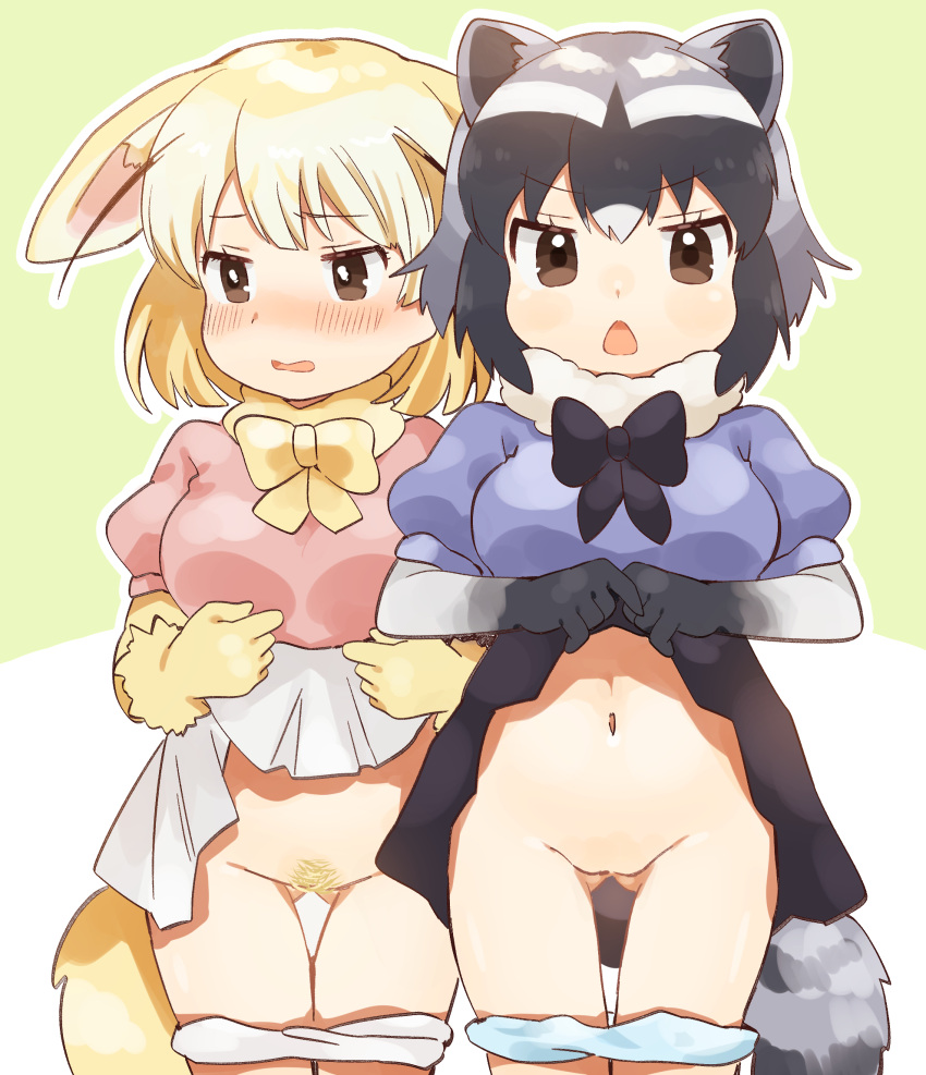 2girls animal_ears bangs black_hair blonde_hair blonde_pubic_hair blush bow bowtie brown_eyes brown_hair clothes_lift common_raccoon_(kemono_friends) cowboy_shot ears_down elbow_gloves embarrassed extra_ears eyebrows_visible_through_hair female_pubic_hair fennec_(kemono_friends) flashing fox_ears fox_girl fox_tail fur_collar furrowed_brow gloves gluteal_fold grey_hair groin highres kemono_friends looking_at_viewer looking_away medium_hair multicolored_hair multiple_girls navel no_pussy nose_blush open_mouth panties panty_pull pink_sweater pubic_hair puffy_short_sleeves puffy_sleeves purple_sweater raccoon_ears raccoon_girl raccoon_tail short_sleeve_sweater short_sleeves skirt skirt_lift stomach suicchonsuisui sweater tail thigh_gap two-tone_hair underwear v-shaped_eyebrows white_hair