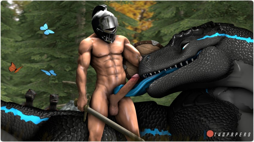 3d armor arthropod balls blue_eyes blue_markings blue_tongue butterfly dinosaur duo fellatio_from_feral female feral forest genitals grey_body hand_on_head headgear helmet hi_res human human_penetrating insects lepidopteran licking looking_down male male/female mammal markings medieval_armour melee_weapon muscular muscular_male open_mouth oral penile penis penis_lick plant reptile scalie sex sharp_teeth shield size_difference standing sword teeth tongue tongue_out tonguejob tree twopapers weapon ziina