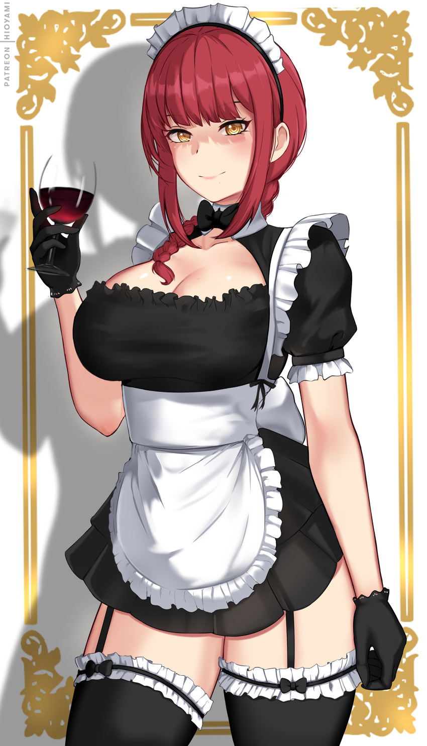 amber_eyes black_gloves black_stockings boob_window bowtie braided_ponytail chainsaw_man cleavage frilly_stockings garter_belt garter_straps glass gloves hioyami maid maid_apron maid_headdress maid_outfit maid_uniform makima_(chainsaw_man) red_hair smile stockings white_background wine_glass