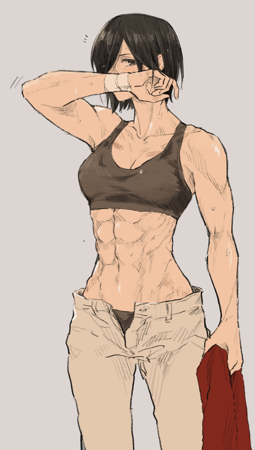 1girls abs after_workout asian asian_female athletic_female attack_on_titan chiseled chiseled_abs clothed clothing female female_only female_soldier fit fit_female fully_clothed holding_scarf honwaka mikasa_ackerman muscular_abs muscular_female scarf scarf_removed scars shingeki_no_kyojin short_hair short_hair_female soldier solo sweat sweating