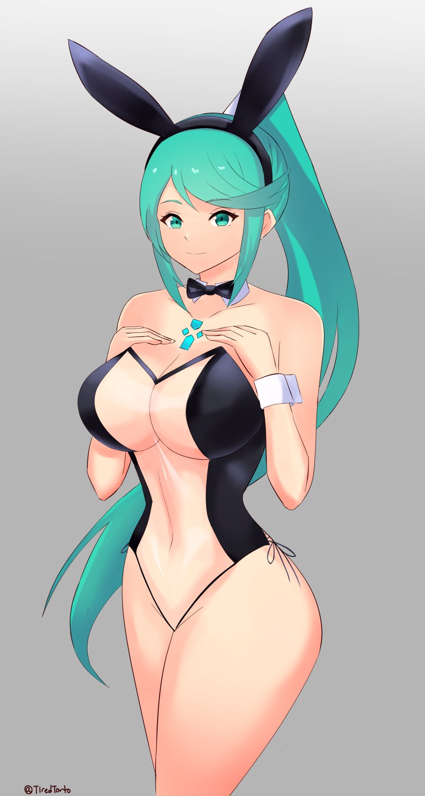 big_breasts bunny_ears bunnysuit cleavage latex nintendo pneuma_(xenoblade) ponytail teal_eyes teal_hair tiredtorto transparent_bunnysuit xenoblade_(series) xenoblade_chronicles_2