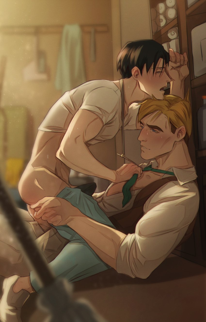 2boys anal anal_sex attack_on_titan black_hair black_hair_bottom blonde_hair blonde_hair_on_black_hair blonde_hair_top clothed_sex clothing domination erection_under_clothes erwin_smith gay gravesecrets levi levi_ackerman light_hair_on_dark_hair male male/male male_only male_penetrated male_penetrating male_penetrating_male necktie on_lap pants_pull pleasure_face shingeki_no_kyojin yaoi