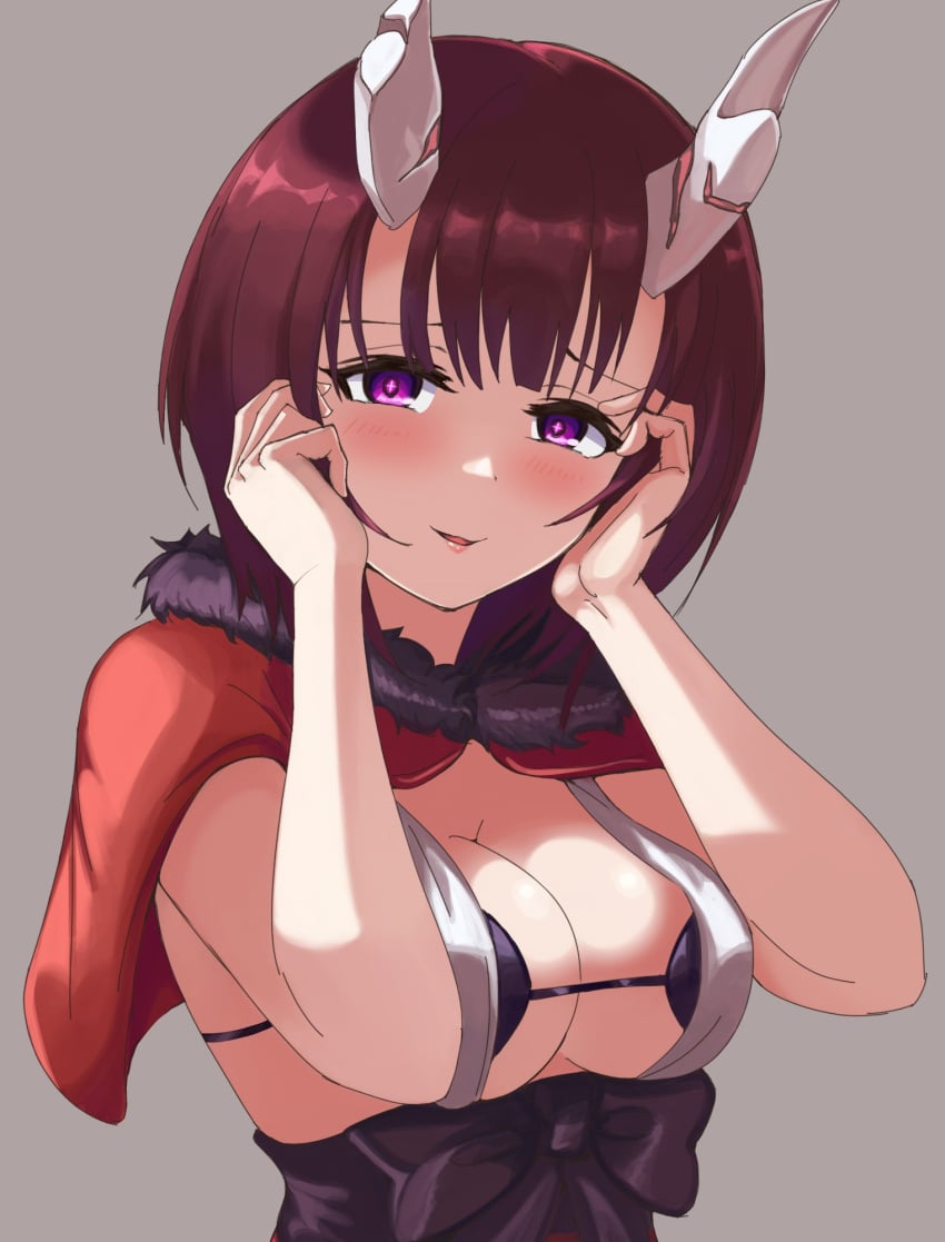 +_+ black_bra blush bra breasts broken_horn brown_hair capelet cleavage commentary_request demon_girl demon_horns eriko_(princess_connect!) female female fur-trimmed_capelet fur_trim grey_background highres horns large_breasts looking_at_viewer mononoke_(pixiv53597254) princess_connect! purple_eyes red_capelet short_hair smile solo symbol-shaped_pupils underwear upper_body