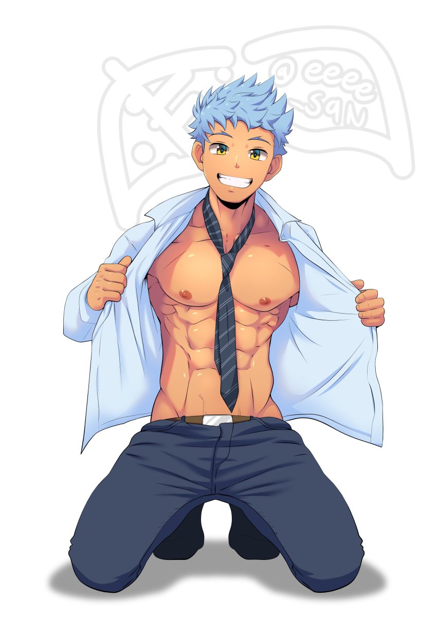 1boy abs absurd_res bara big_chest big_pecs blue_hair camp_buddy chest eeee_san hi_res kneeling lloyd_sirius looking_at_viewer muscles muscular muscular_male necktie nipples office_outfit open_clothes open_shirt pants pecs plain_background seductive seductive_pose smile smiling socks tan_skin veiny watermark white_background yellow_eyes