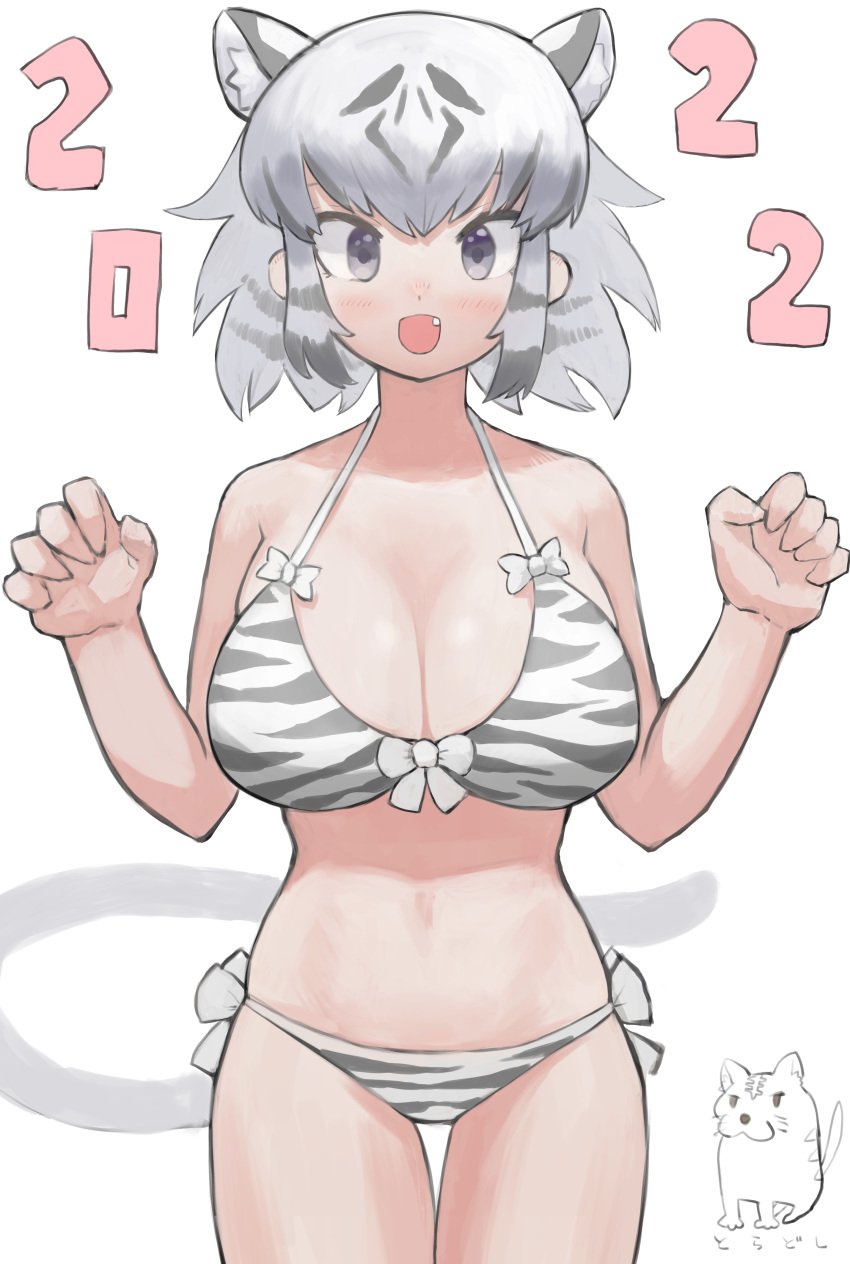 2022 :d absurdres animal_ears bangs bare_arms bare_shoulders bikini black_hair blush breasts chinese_zodiac claw_pose cleavage cowboy_shot extra_ears female female front-tie_bikini front-tie_top grey_eyes ground_vehicle highres huge_breasts kemono_friends military military_vehicle motor_vehicle multicolored_hair navel oerba_yun_fang open_mouth print_bikini short_hair side-tie_bikini simple_background smile solo straight-on swimsuit tail tank thigh_gap tiger_ears tiger_girl tiger_i two-tone_hair white_background white_hair white_tiger_(kemono_friends) year_of_the_tiger zuchi00