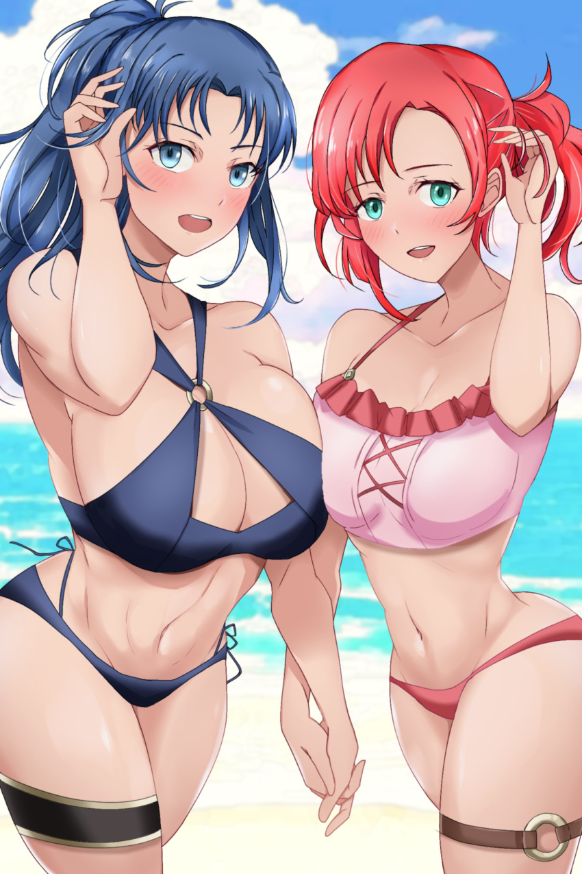 2girls adjusting_hair alternate_breast_size alternate_costume ass asymmetrical_docking bare_midriff bare_shoulders bare_thighs beach big_breasts bikini blue_bikini blue_eyes blue_hair blush breast_press breasts cleavage collarbone female female_only fire_emblem fire_emblem:_new_mystery_of_the_emblem fire_emblem:_shadow_dragon fire_emblem_heroes green_eyes holding_hands huge_breasts kris_(female)_(fire_emblem) kris_(fire_emblem) large_breasts looking_at_viewer medium_breasts medium_hair midriff multiple_girls nintendo norne_(fire_emblem) norne_(summer)_(fire_emblem) o-ring o-ring_bikini ocean official_alternate_costume open_mouth outdoors pink_bikini pink_swimsuit ponytail red_bikini red_hair red_swimsuit short_hair smile swimsuit thick_thighs thighs toshimasa water wide_hips yuri