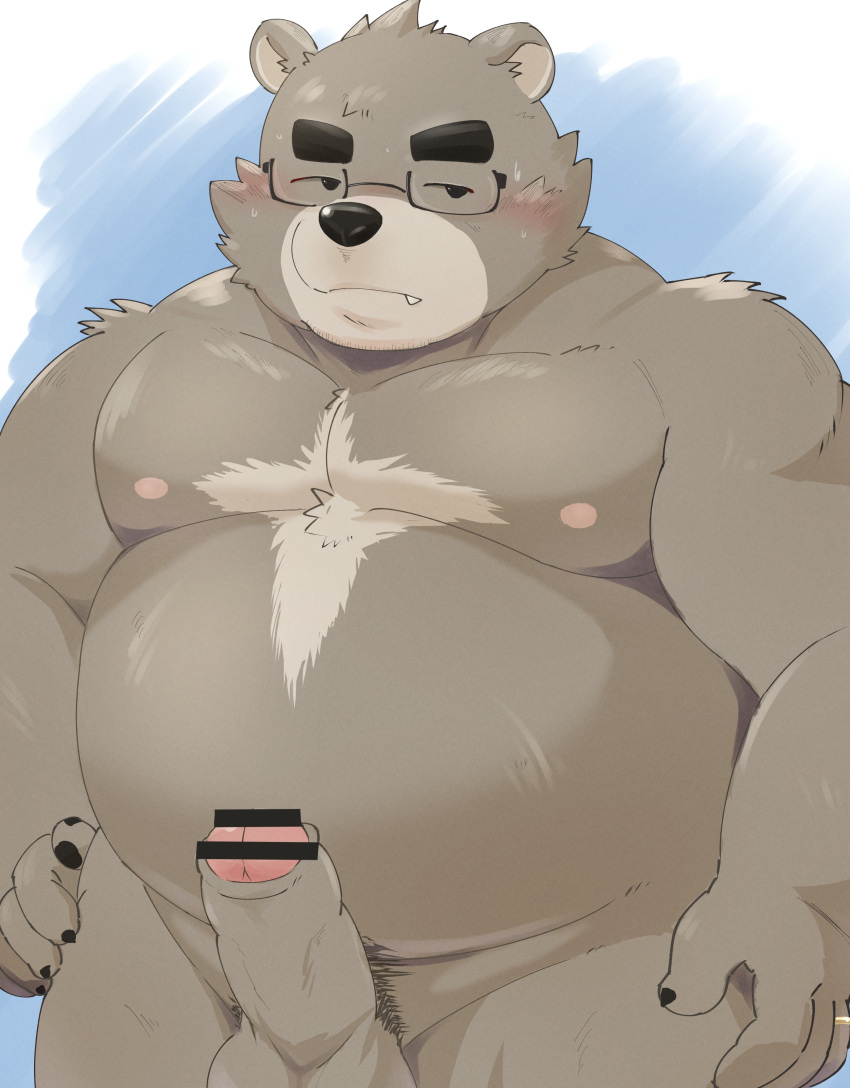 2022 absurd_res anthro balls belly big_belly black_nose blush censored cute_fangs erection eyewear genitals glasses hi_res humanoid_genitalia humanoid_hands humanoid_penis kemono male mammal moobs nipples overweight overweight_male penis solo ursid zuboboz